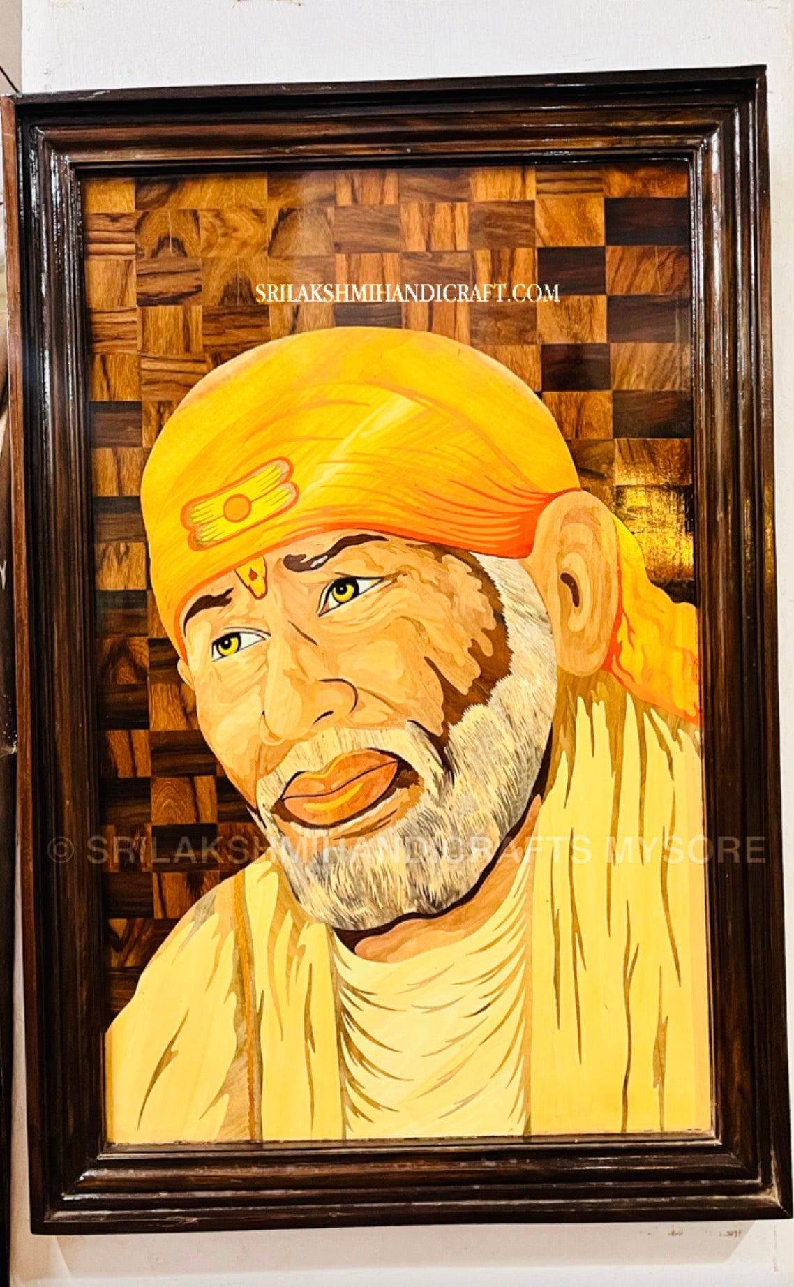 Rosewood Inlay Sai Baba Panel with Frame - Spiritual Wall Art