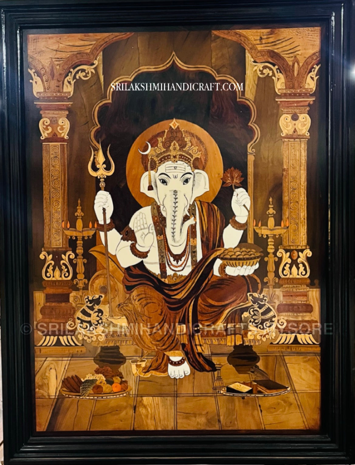 Rosewood Inlay Lord Ganesha with Frame - 35" x 45"