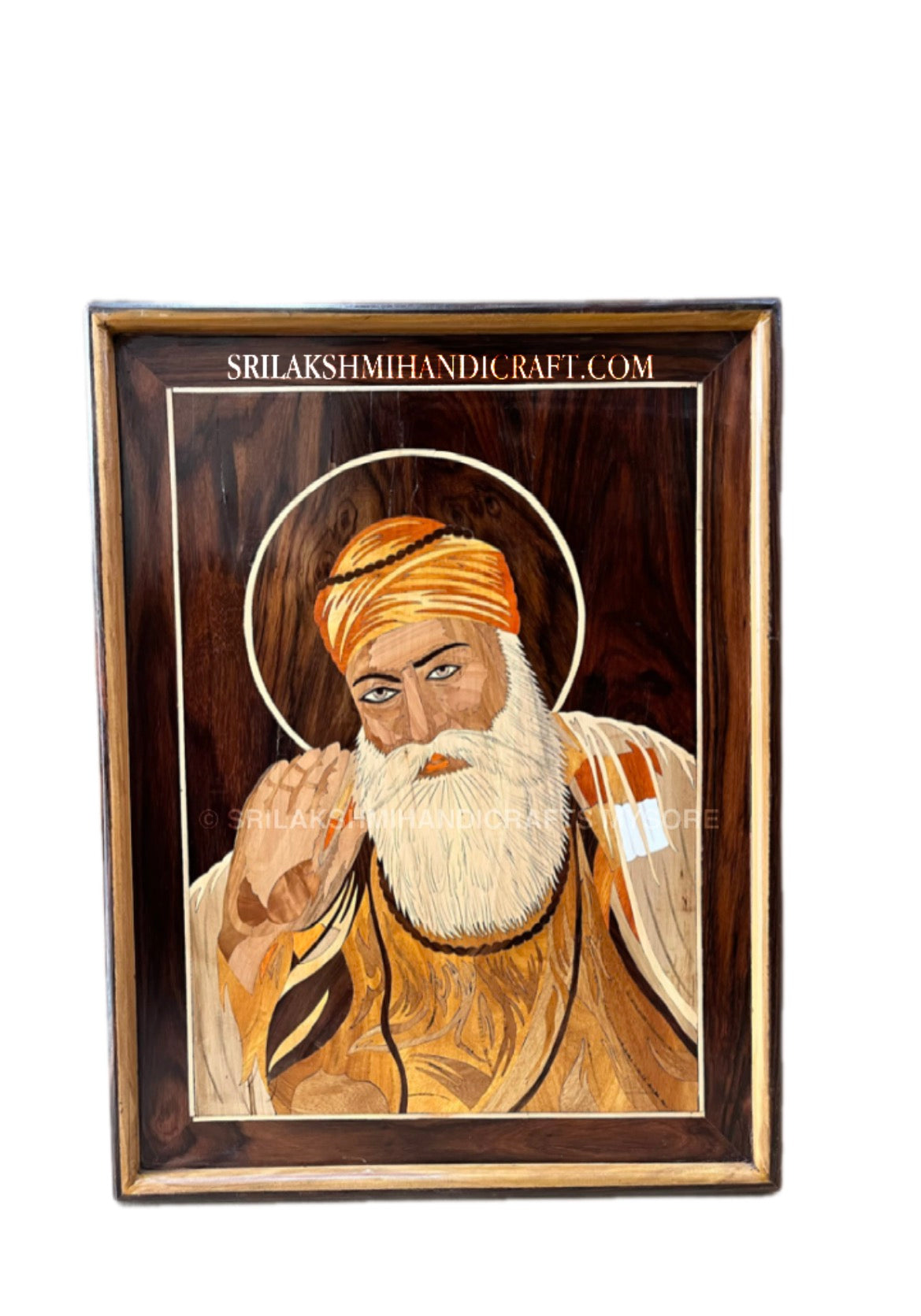 Rosewood Inlay Guru Nanak Panel with Frame - Sikh Spiritual Wall Art