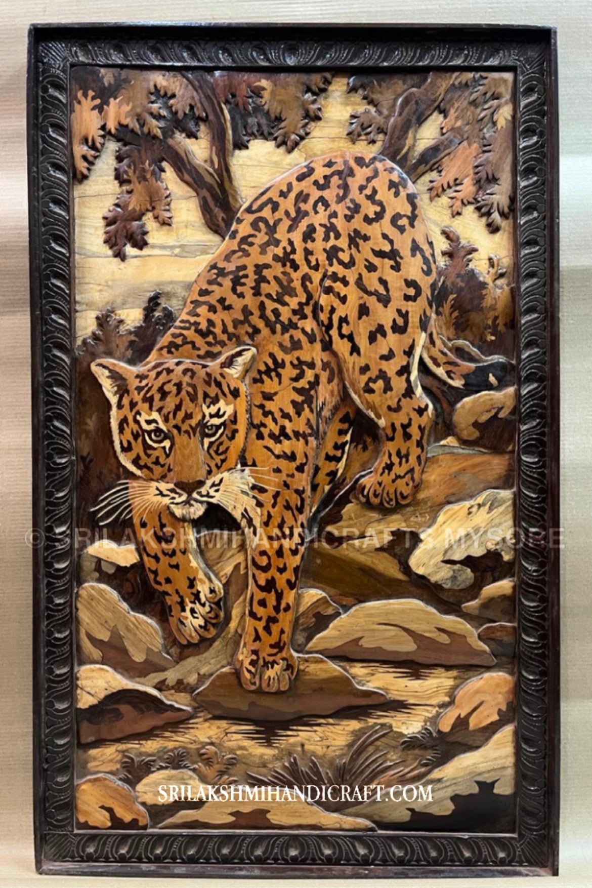 3D Embossed Leopard Rosewood Panel with Frame - Wildlife Wall Art