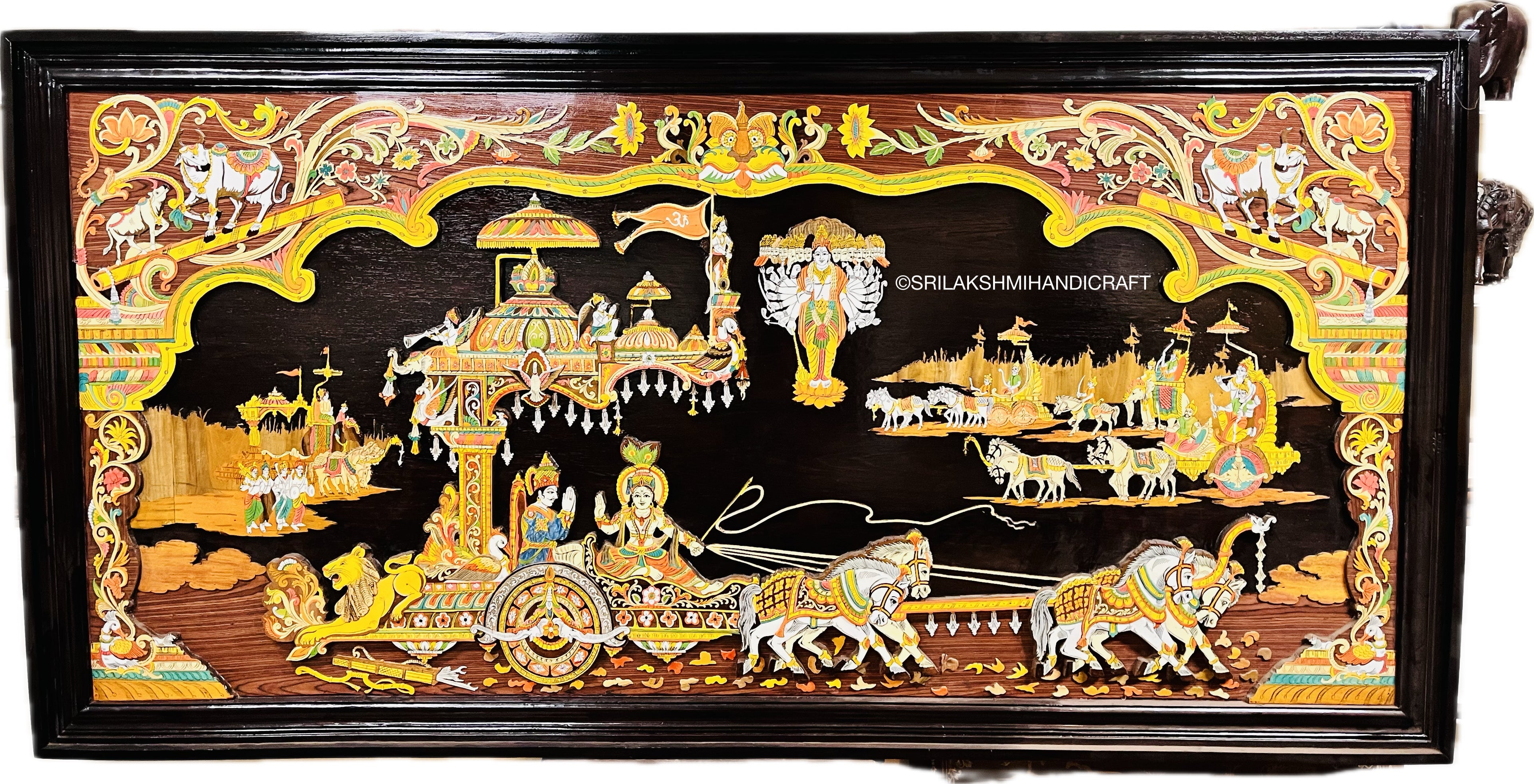 Rosewood Inlay Bhagavad Gita Panel – Kurukshetra Scene '