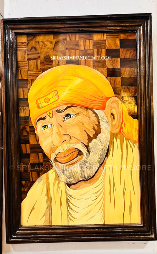 Rosewood Inlay Sai Baba Panel with Frame - Spiritual Wall Art