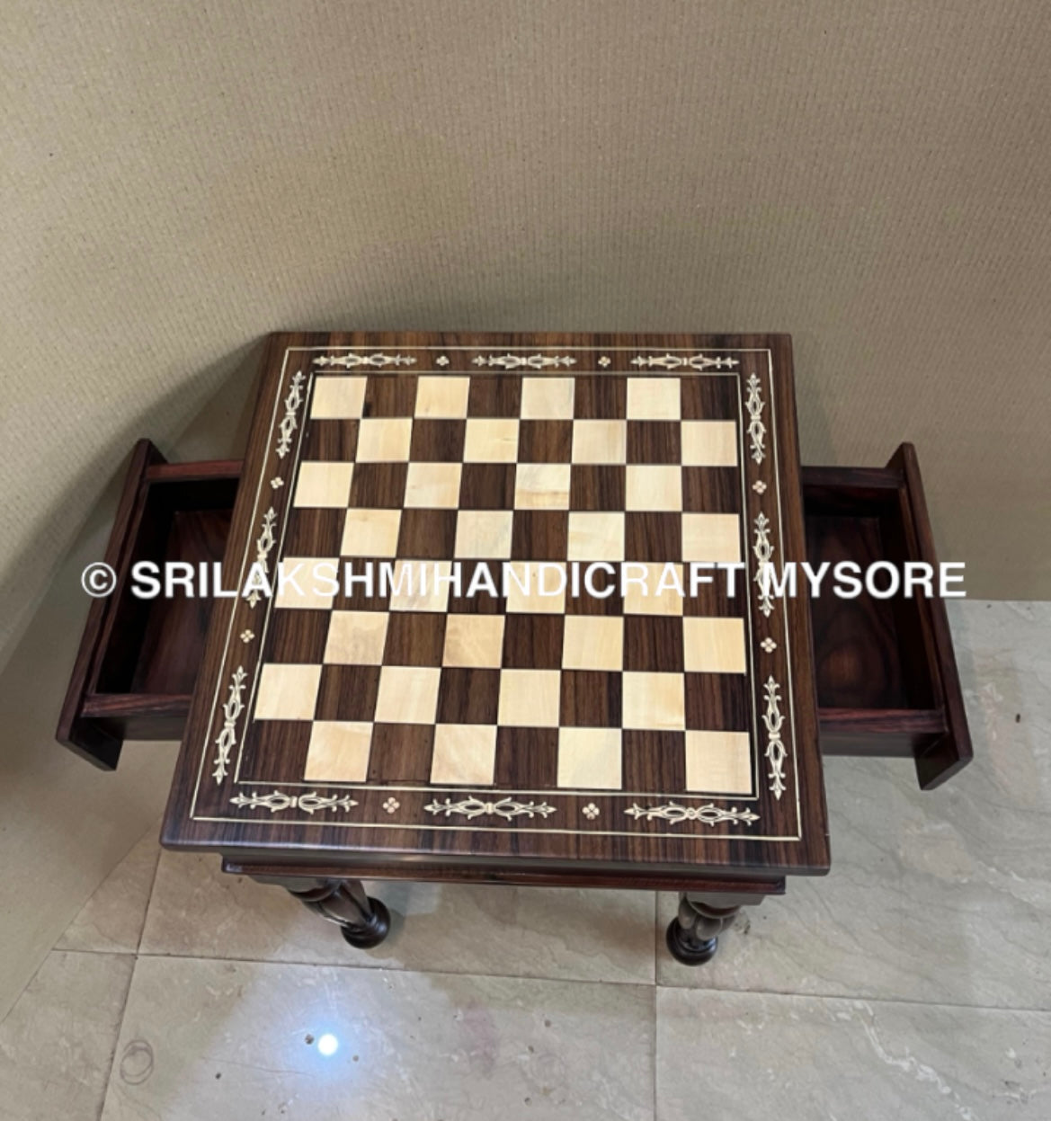 Rosewood Chess Table - Inlay with 2 Drawers