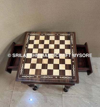 Rosewood Chess Table - Inlay with 2 Drawers
