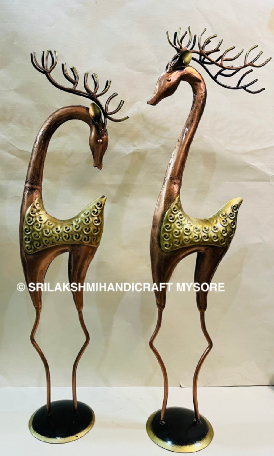 Metal Reindeer Sculpture Set - Antique Brass Finish with Antler Design
