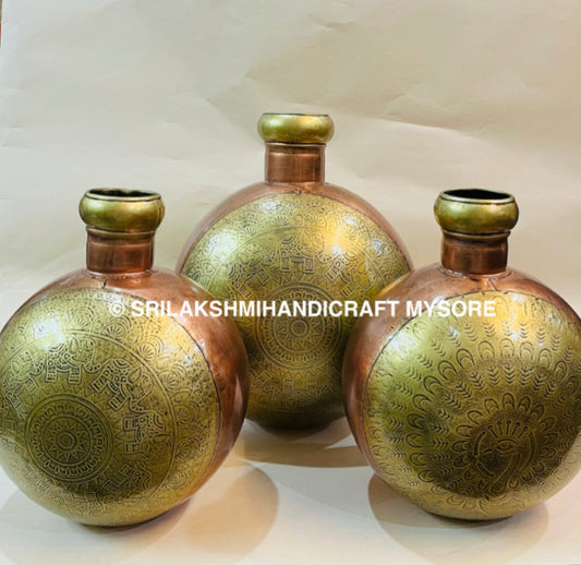 Metal Acid Etching Peacock Kudiya - Decorative Brass Bottle