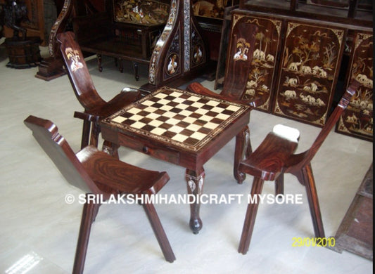 Rosewood Chess Table - Inlay with 2 Drawers