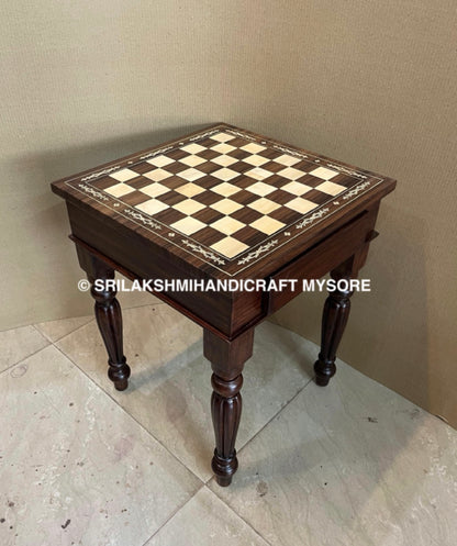 Rosewood Chess Table - Inlay with 2 Drawers